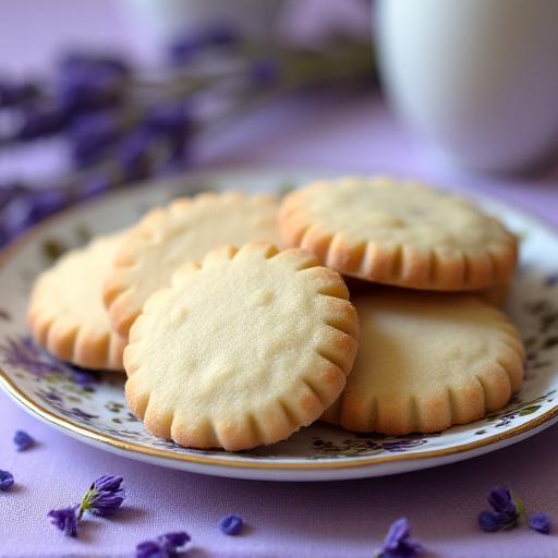 Delicate lavender and white chocolate shortbread cookies on a vintage plate.