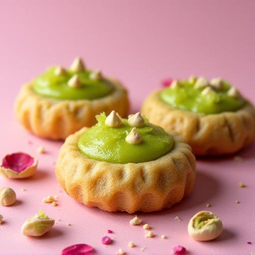 Rosewater pistachio sable cookies presented artfully.