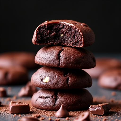 A tower of rich, dark triple chocolate velvet cookies.