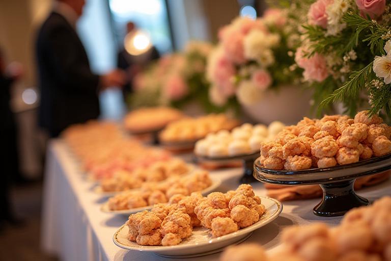 A lavish dessert bar at a wedding reception, featuring cookies and floral arrangements.