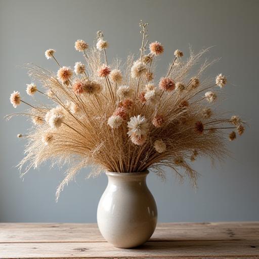 An artfully composed bouquet of dried and preserved flowers.