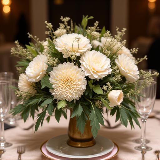 An elegant floral centerpiece designed for a wedding or grand event.