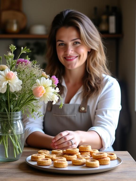 Founder of Velvet Cookie Crest carefully arranging a platter of cookies next to a floral bouquet.