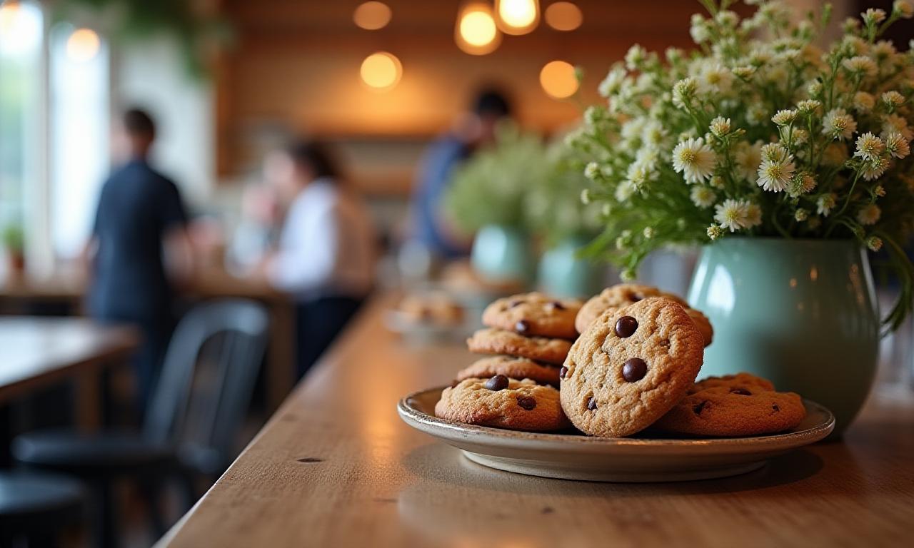 A cozy cafe setting featuring Velvet Cookie Crest cookies and a simple floral arrangement on the counter.