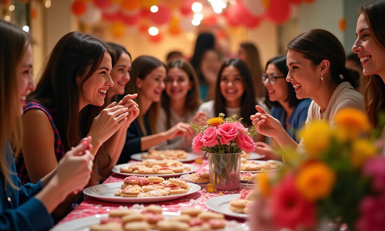 A birthday celebration with friends enjoying custom Velvet Cookie Crest cookies and flowers.