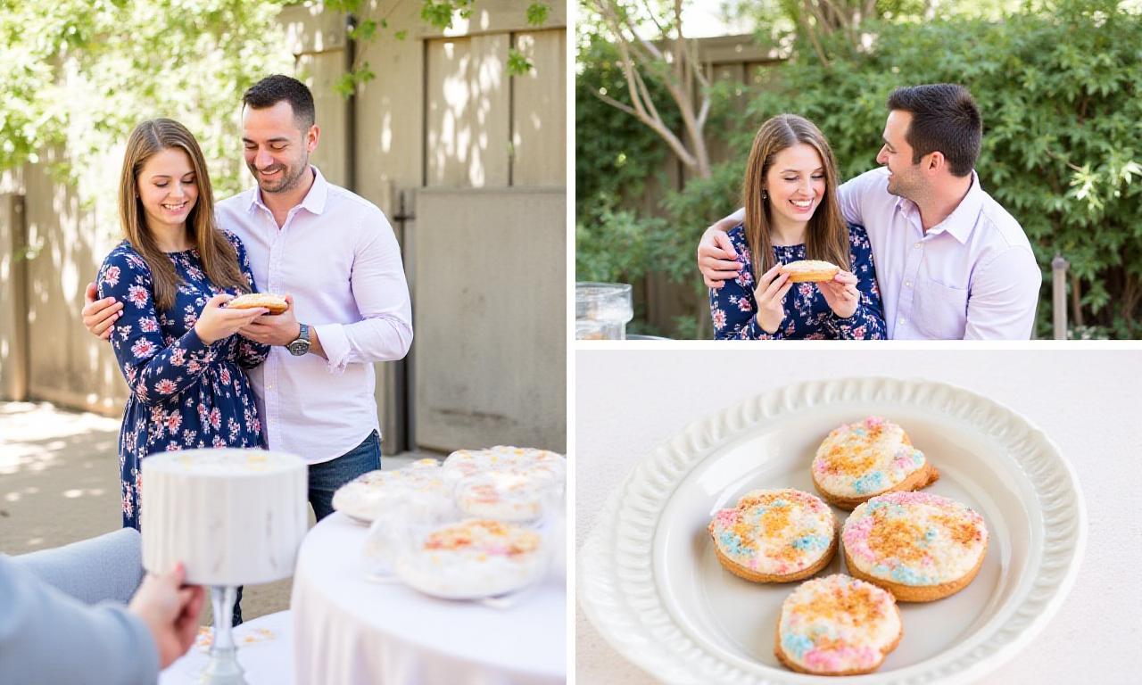 A joyous outdoor engagement celebration with guests enjoying cookies.