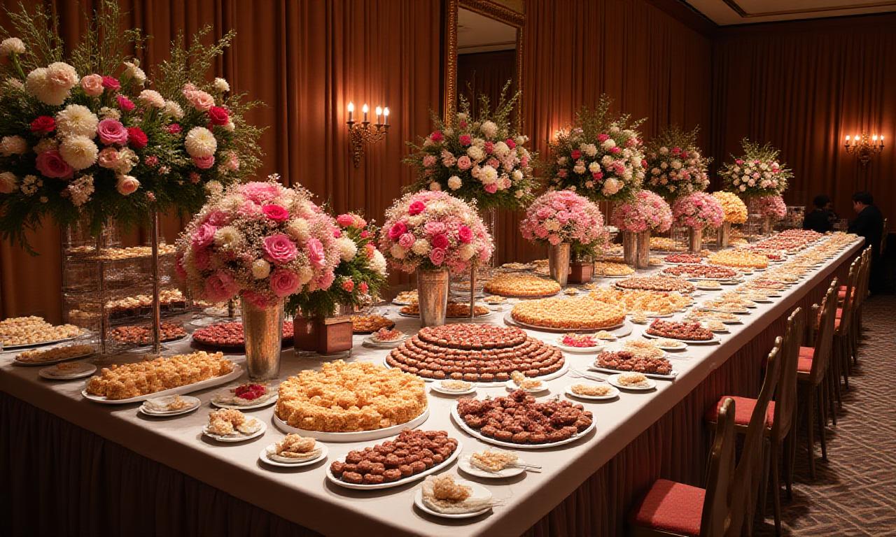 A large event table decorated with numerous Velvet Cookie Crest floral arrangements and cookie platters.