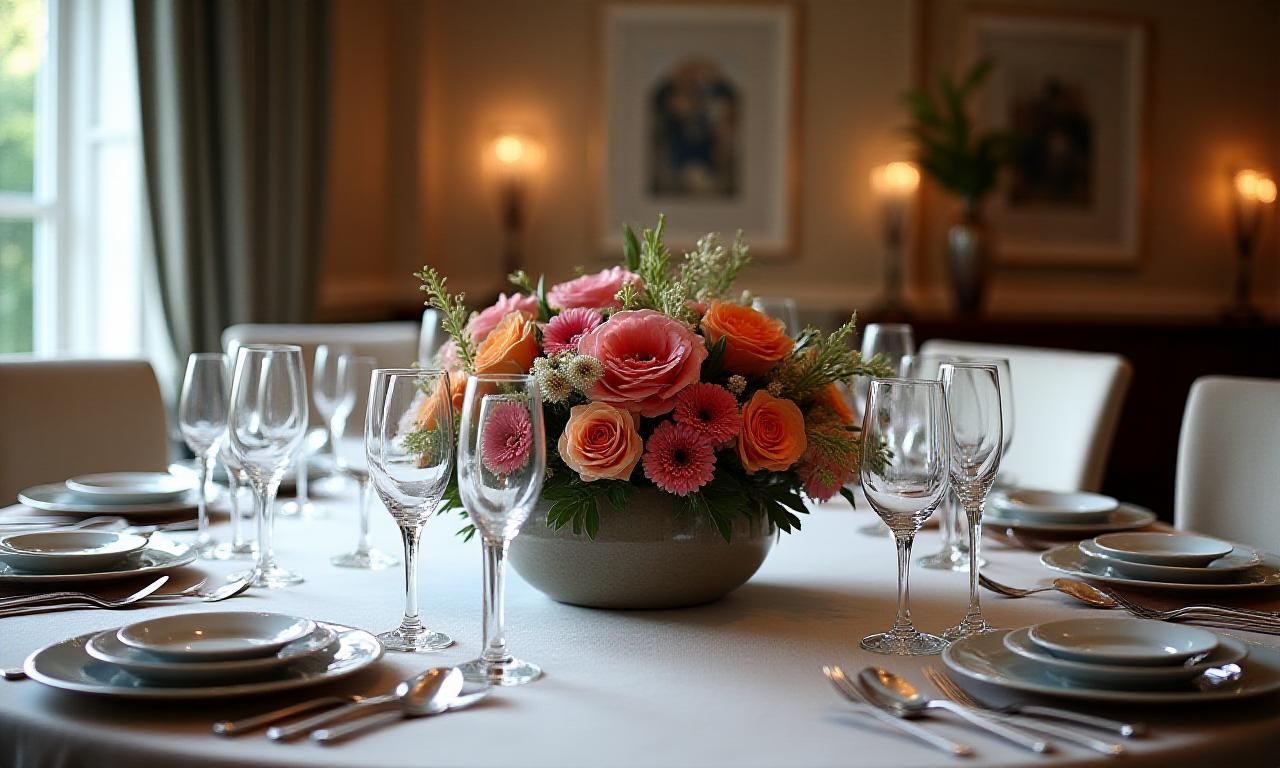 An elegantly set dining table in a home with a Velvet Cookie Crest floral centerpiece.