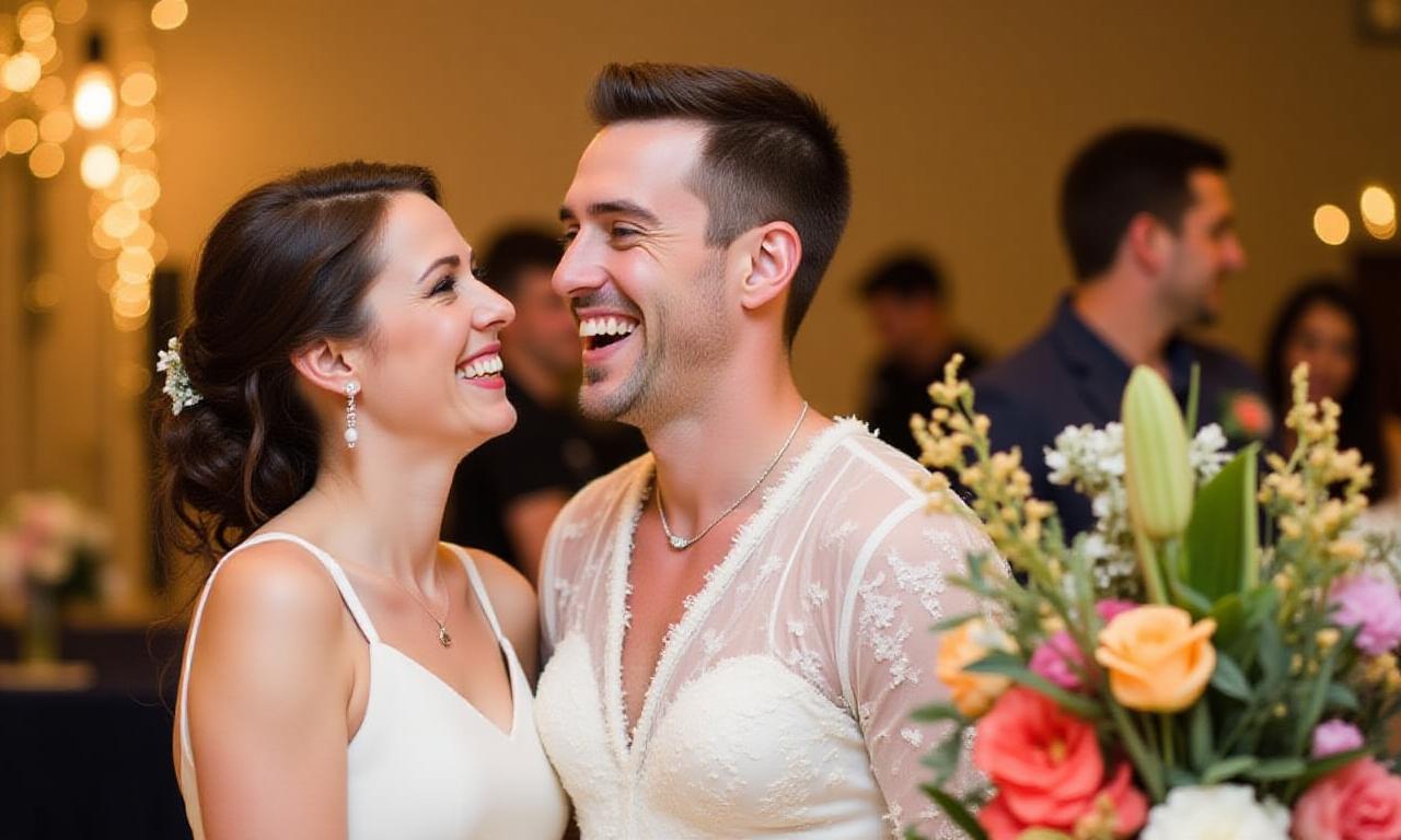 Happy newlywed couple at their Austin wedding reception near the Velvet Cookie Crest dessert table.